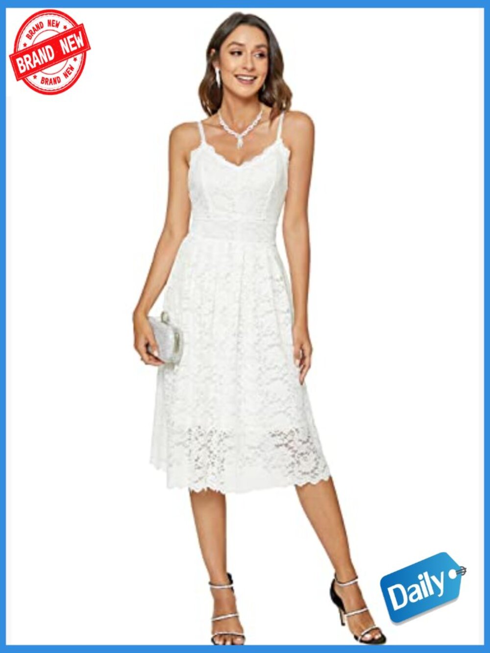 Lace Floral Spaghetti Strap V Neck Swing Cocktail Midi Dress - Picture 2 of 7